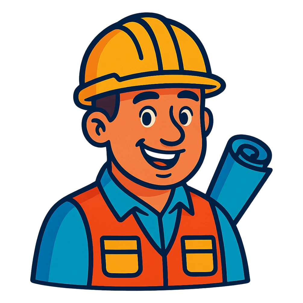 engineer with yellow safety helmet, friendly expression, vibrant cartoon style sticker
