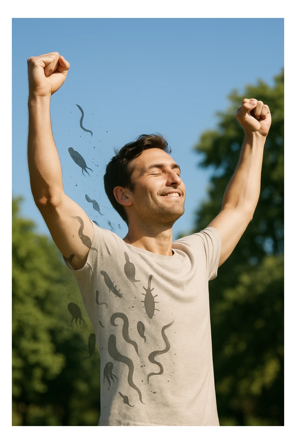 a man stands outdoors in bright sunlight, arms raised in relief and joy, while faint, shadowy silhouettes of parasites fall away from his body and dissolve into the air. His posture is upright and energetic, his expression serene and healthy. The background features green trees and a clear sky, emphasizing liberation and restored well-being. sticker