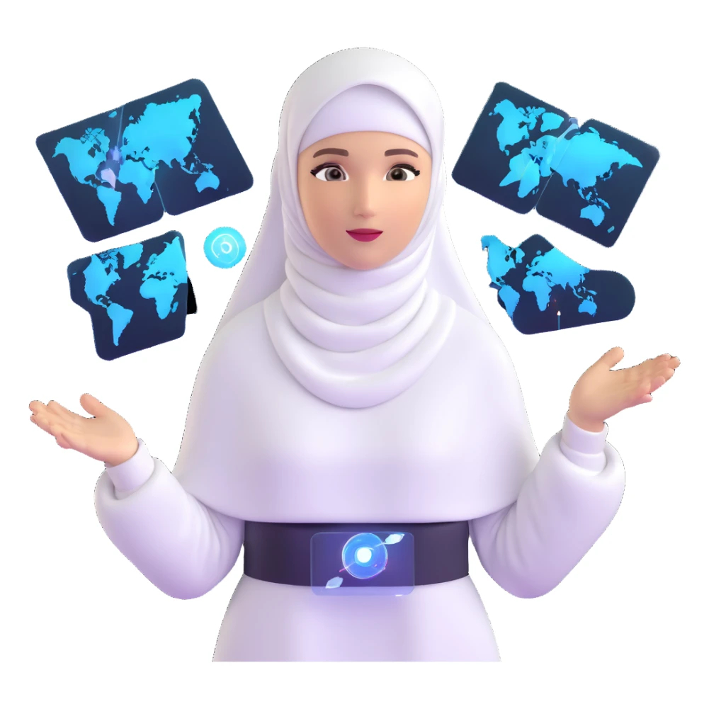 woman with white hijab interacting with holographic metaverse interfaces, augmented reality displays, virtual machine artifacts, digital world sticker