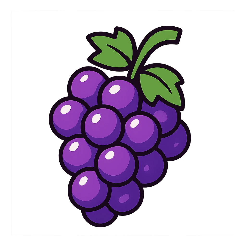 purple shiny grapes on a cluster, cartoon style sticker