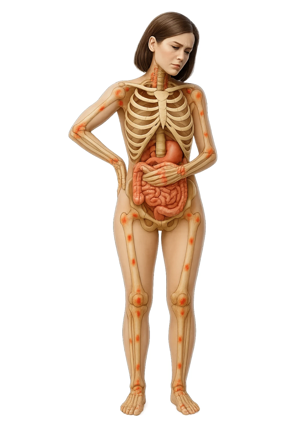 donna realistica a figura intera con red spot sparsi alle ossa, ossa del corpo visibili sul corpo, non sul volto iperrealistico 4k sticker