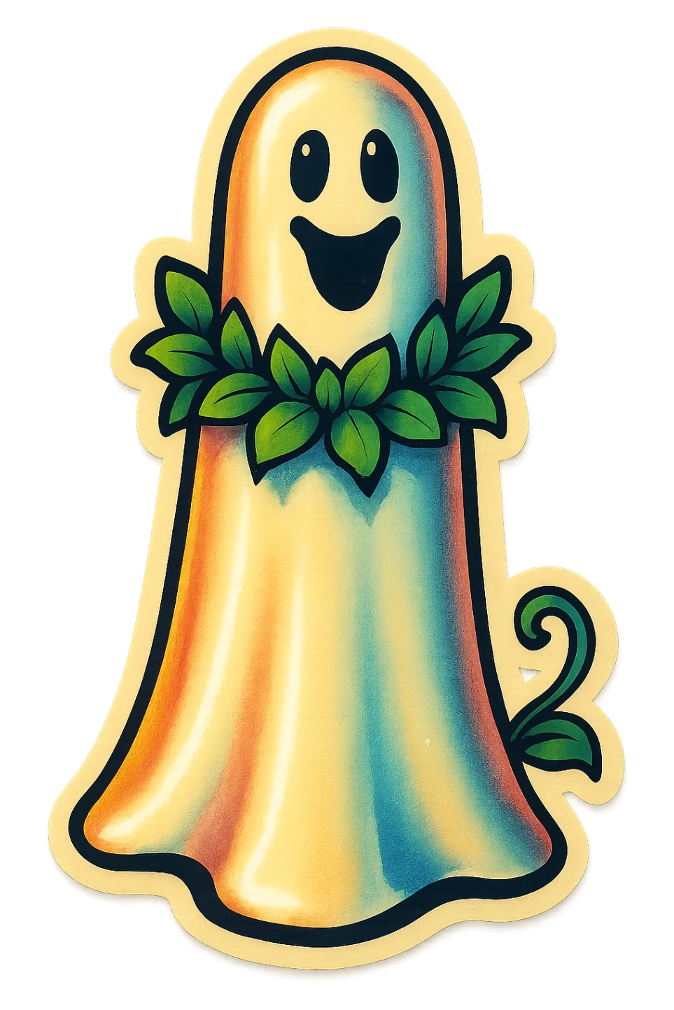 retro sticker-style ghost elongated in height with a leafy garland around its neck and a small vine curling at its base, cute, bold outlines, shadows and highlights sticker