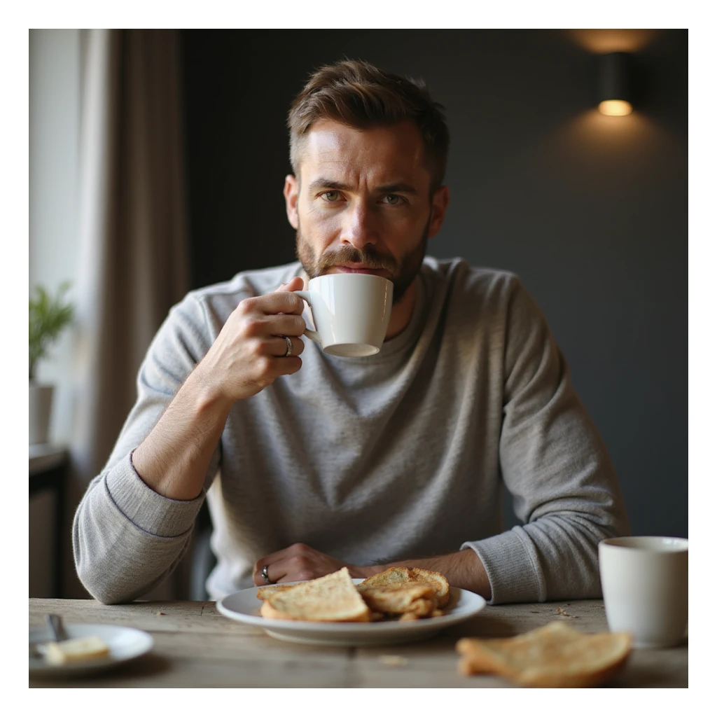 hyperrealistic 4K man isolated on white background having breakfast, drinking a cup of coffee, natural pose, realistic details, variant 2 sticker