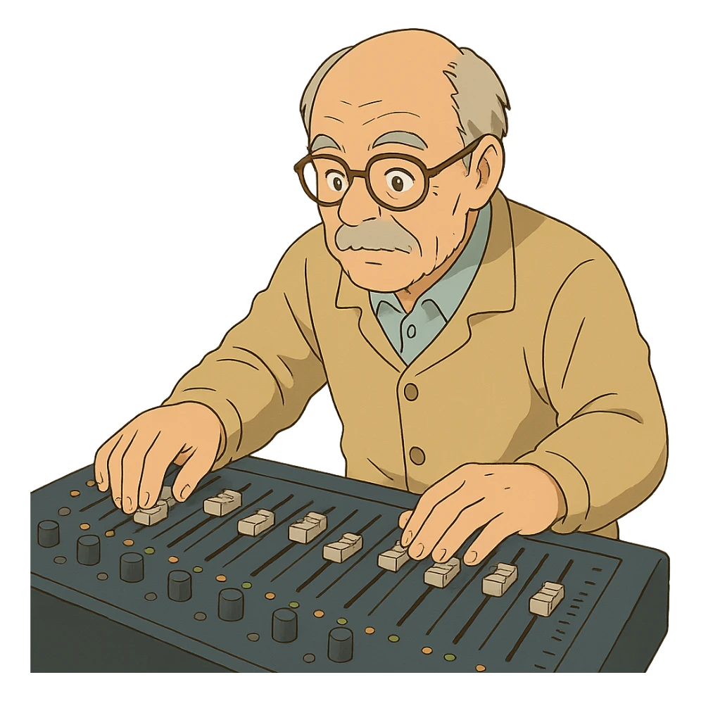 ghibli style senior Caucasian male with glasses, adjusting audio console sliders sticker