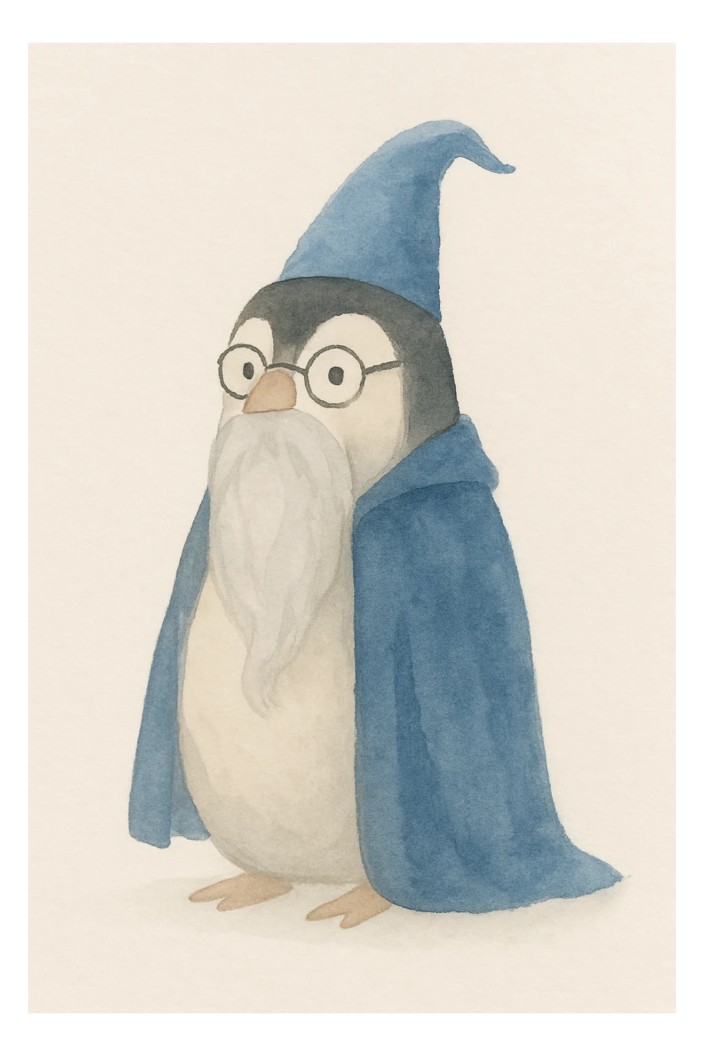 a wise penguin wizard with glasses, a long beard, and a blue cloak, soft storybook illustration style sticker