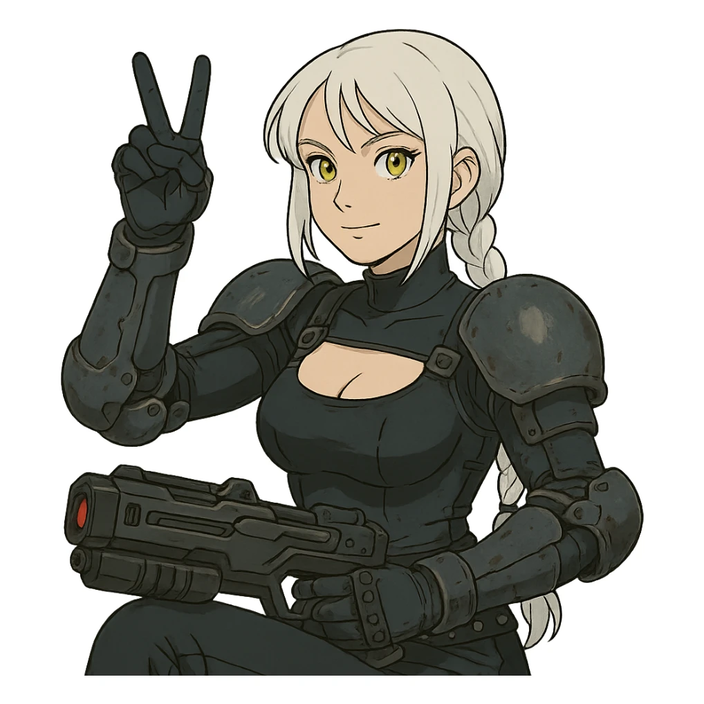  she is wearing armor, doing live-fire exercises at a safe and sanctioned training firing range with a maximum power blaster, except instead she's giving a victory salute, a closeup portrait of young woman with gold yellow eyes, white hair, long braid, black off-shoulder top d-cup, punk gothic style, futuristic cyberwave cyberpunk, sitting position
 sticker