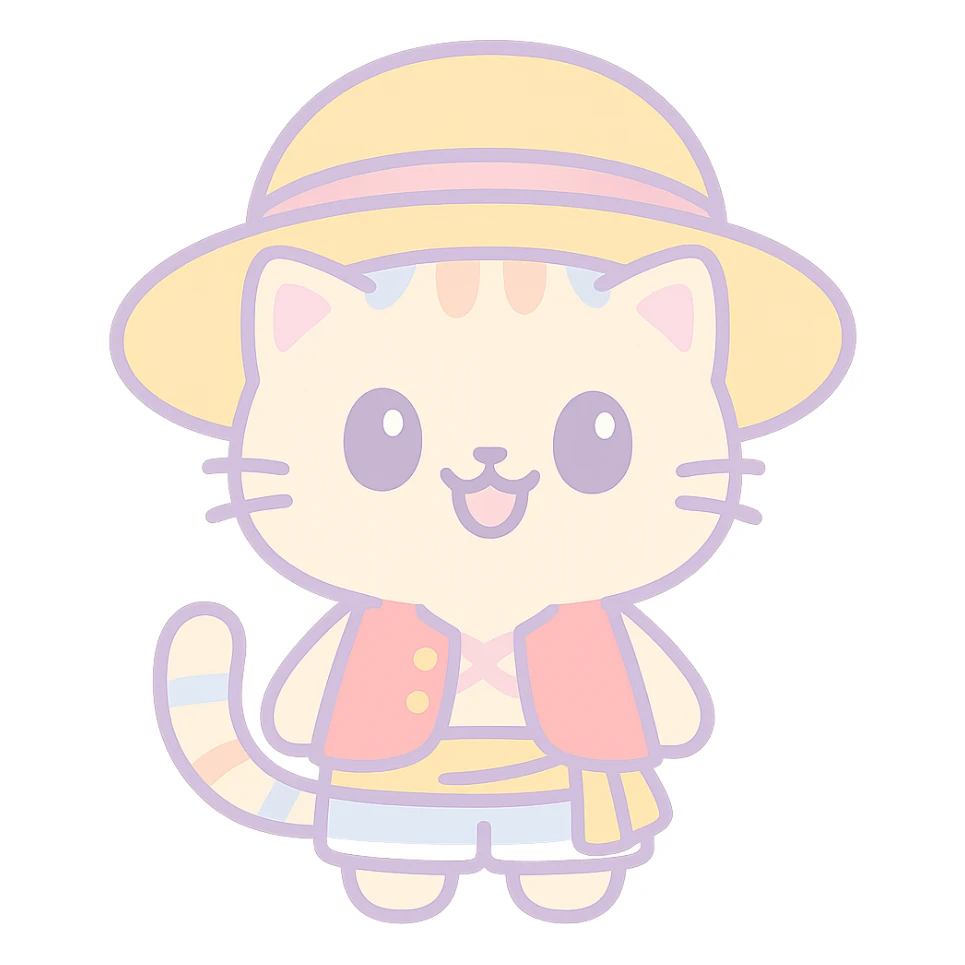 cute cat cosplaying Luffy, big straw hat, red vest, yellow sash, anime style, no background sticker