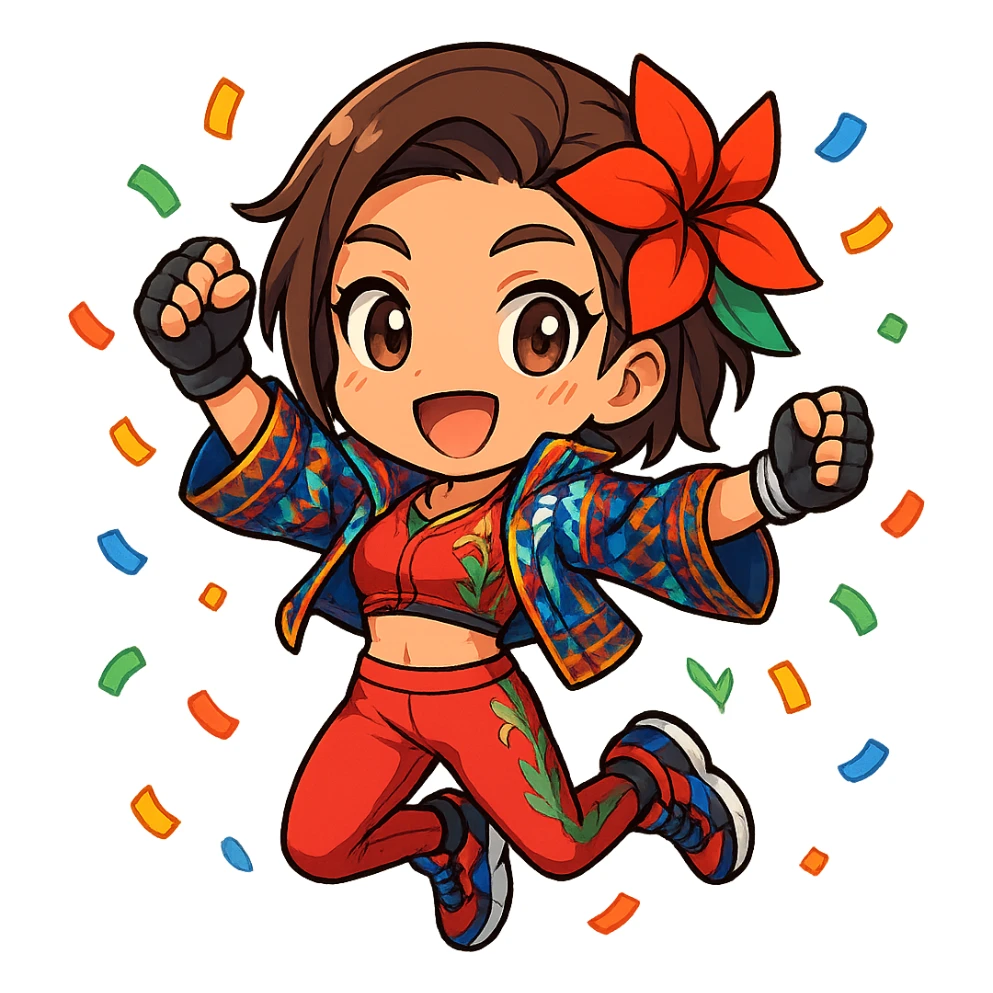 Azucena from Tekken 8 in chibi sticker style, jumping with confetti, wearing the detailed red and patterned outfit from the reference images, designed for Twitch emote use. sticker