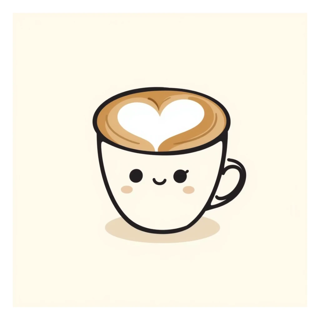 latte with heart foam and a cute face, caramel beige and coffee brown, dreamy hand-drawn Japanese style sticker
