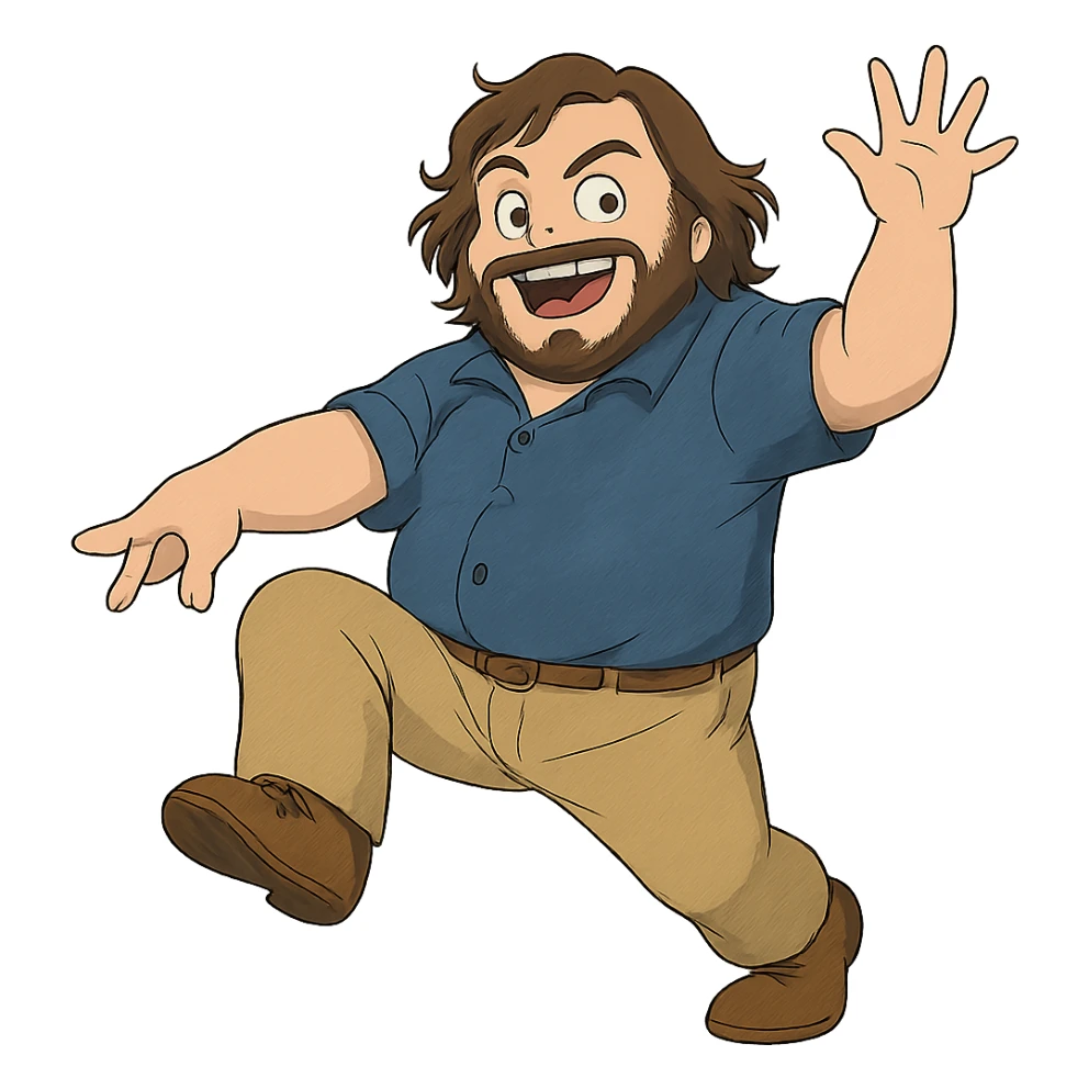 ghibli style illustration of Jack Black in a playful pose sticker