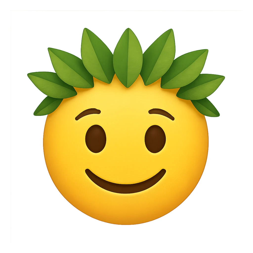 yellow face with green leaf crown, digital illustration, emoji style, no background sticker