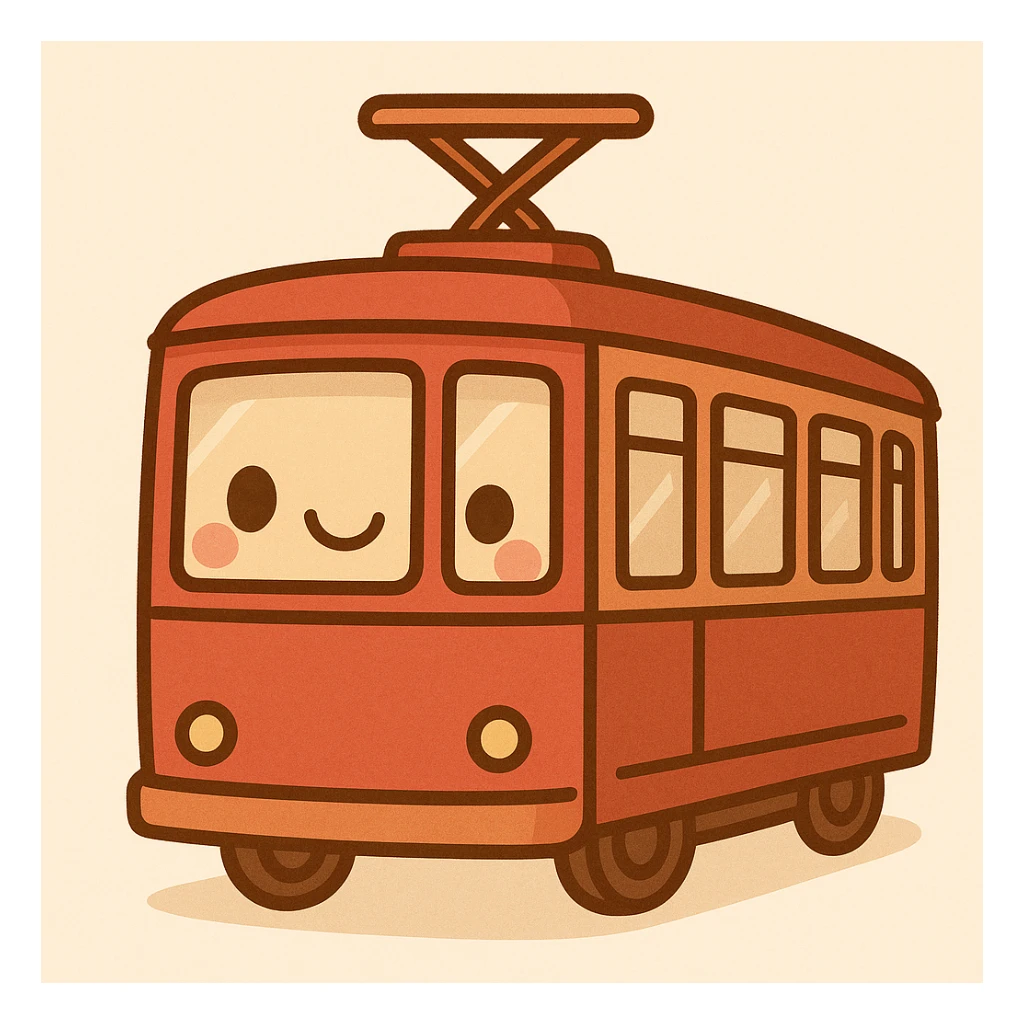 Create a red train tram in the same cute cartoon style as the reference image, featuring a smiling face and using a similar color palette. No text included. sticker