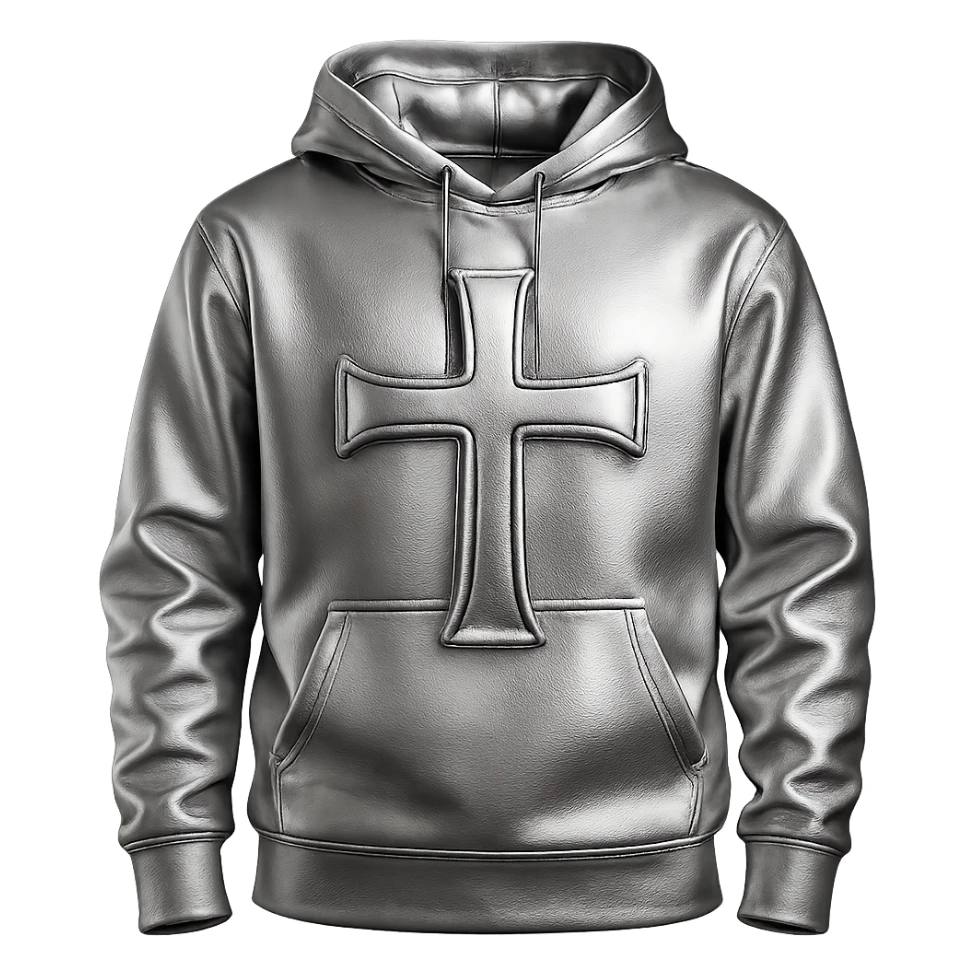 white hoodie with a bold chrome cross, 3D chrome style, highly reflective, simple background sticker