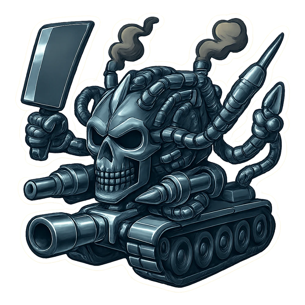 Edit the skull robot tank to have 4 distinct arms, each hand holding a different weapon: a large industrial blade, a blaster, a menacing syringe, and a claw. The exterior metal should be extra shiny silver grey, with inside cables and tech almost black. Smoke from the top is dark shaded. The skull face is dropped down low and out in front, matching the reference. The whole subject should be compact and not tall, in a clean outline retro stickers style with transparent background. sticker