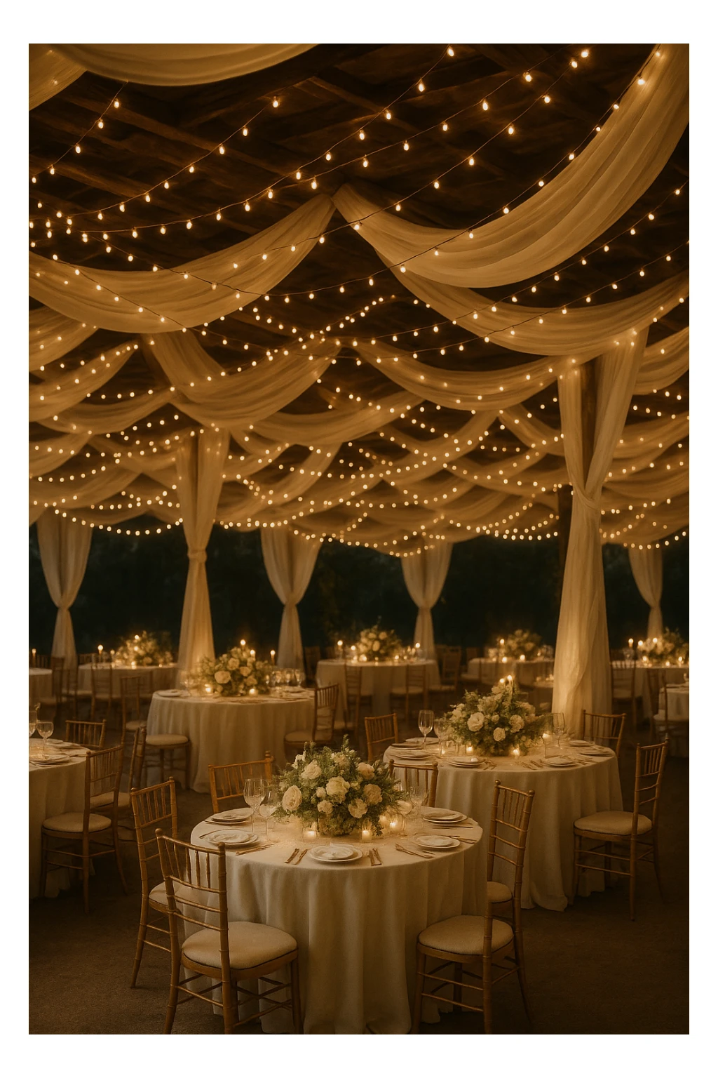 hanging string lights and draped fabric, dreamy wedding reception decor sticker