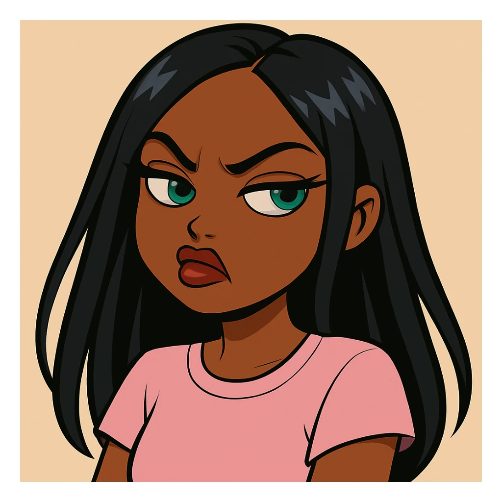 Change the expression to angry with a snooty attitude, keep the side-eye pose, headshot only, 20-year-old anime Bratz style woman with dark skin, straight hair, more casual outfit, big expressive eyes, glossy lips, no hat, no tears, nose turned up. sticker