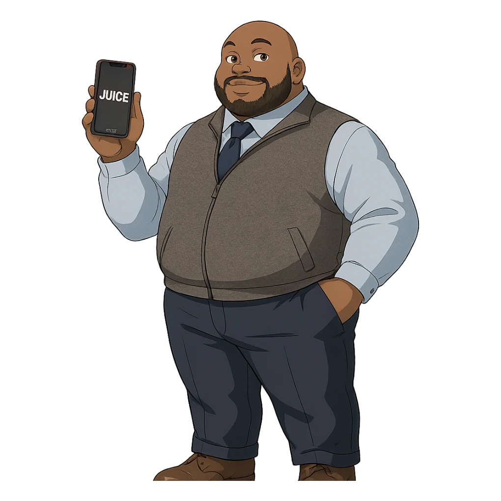 Transform this person into a Ghibli-inspired animated character (like Spirited Away), keeping his professional outfit but making him look extra stylish and confident. Add a Verizon phone in his hand with the word 'JUICE' on the screen. The overall style should be clean, polished, and professional, with a 'fly' vibe. Remove the background for a clean look. sticker