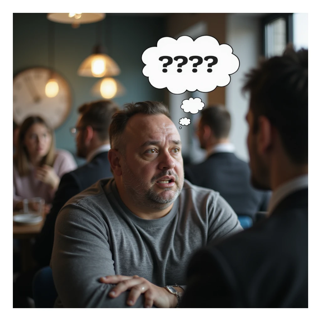 Obese man freezing during a conversation, thought bubble above head full of question marks, confused expression, social environment, hyperrealistic 4K details. sticker