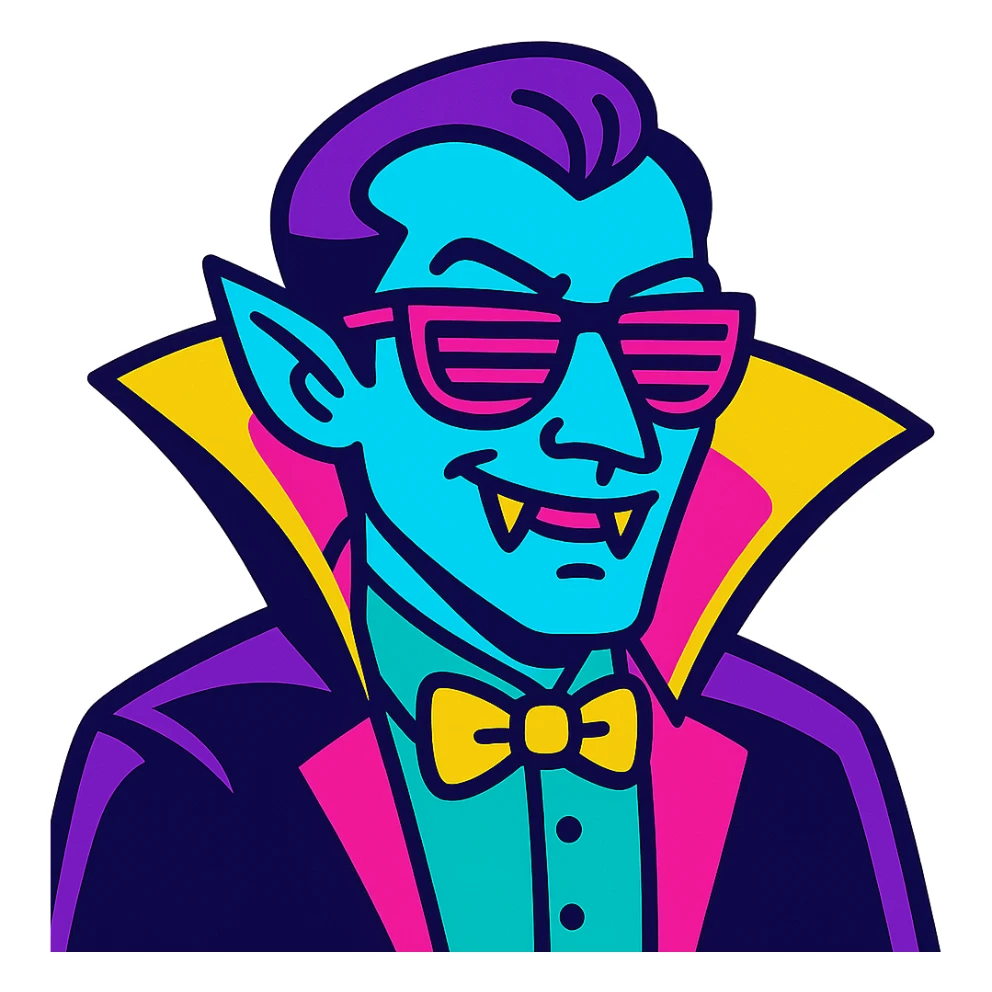 cool Dracula, neon colors, retro 80s vibe, playful expression sticker