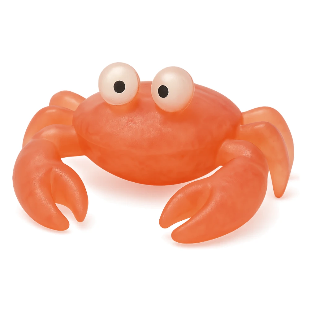 Make the crab a natural color (e.g., red or orange), more transparent and see-through, retro 90's toy style, derpy eyes, no tag, no background, soft plastic, soft reflections, soft and squishy, some cloudiness, not shiny, highly detailed, appealing. sticker