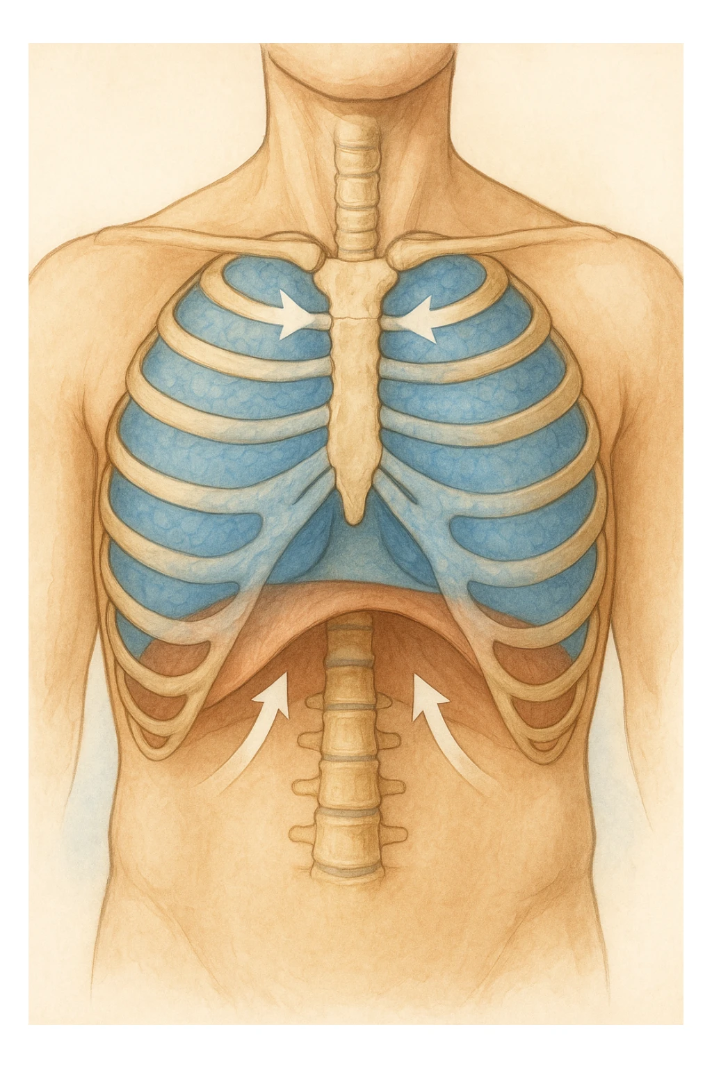 A realistic, high-quality anatomical illustration showing a human torso with visible rib cage and diaphragm. The ribs are shown in a decompressed, expanded state, allowing full lung expansion, while the diaphragm is depicted as relaxed and lowered, indicating deep, efficient breathing. Soft blue and warm tones highlight airflow and lung capacity, with light arrows illustrating the air movement during diaphragmatic breathing. The image conveys a sense of calm, openness, and optimal breathing mechanics, useful for physiotherapy, breathing education, and osteopathic learning contexts sticker