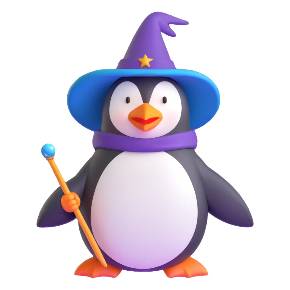 penguin wearing a wizard hat and holding a magic wand sticker