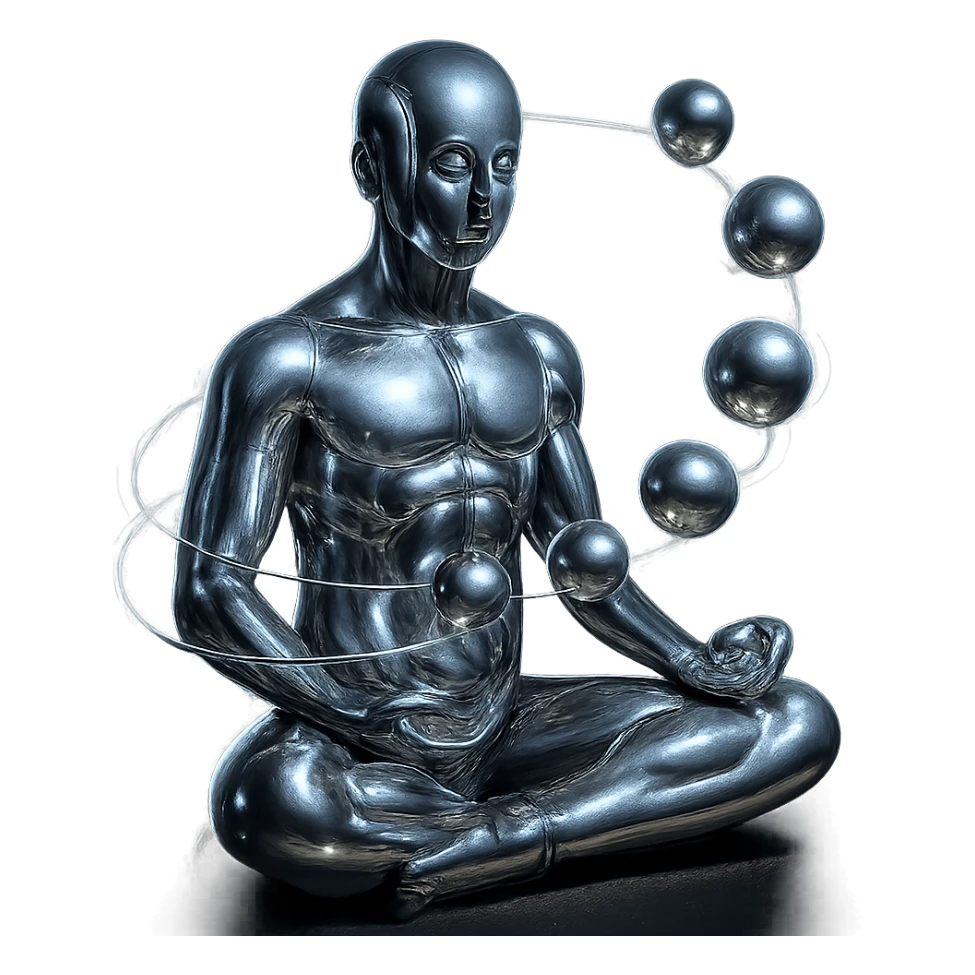 Add a glowing aura around the stylized chrome meditating figure and the spiraling spheres, keep the style futuristic and smooth, no background. sticker