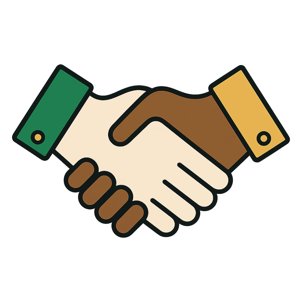 Edit the image to depict one Caucasian hand and one African American hand shaking with thinner black outlining. Use a professional style with a green, white, and gold color scheme. The design should be minimalistic with clean lines, with no background. sticker