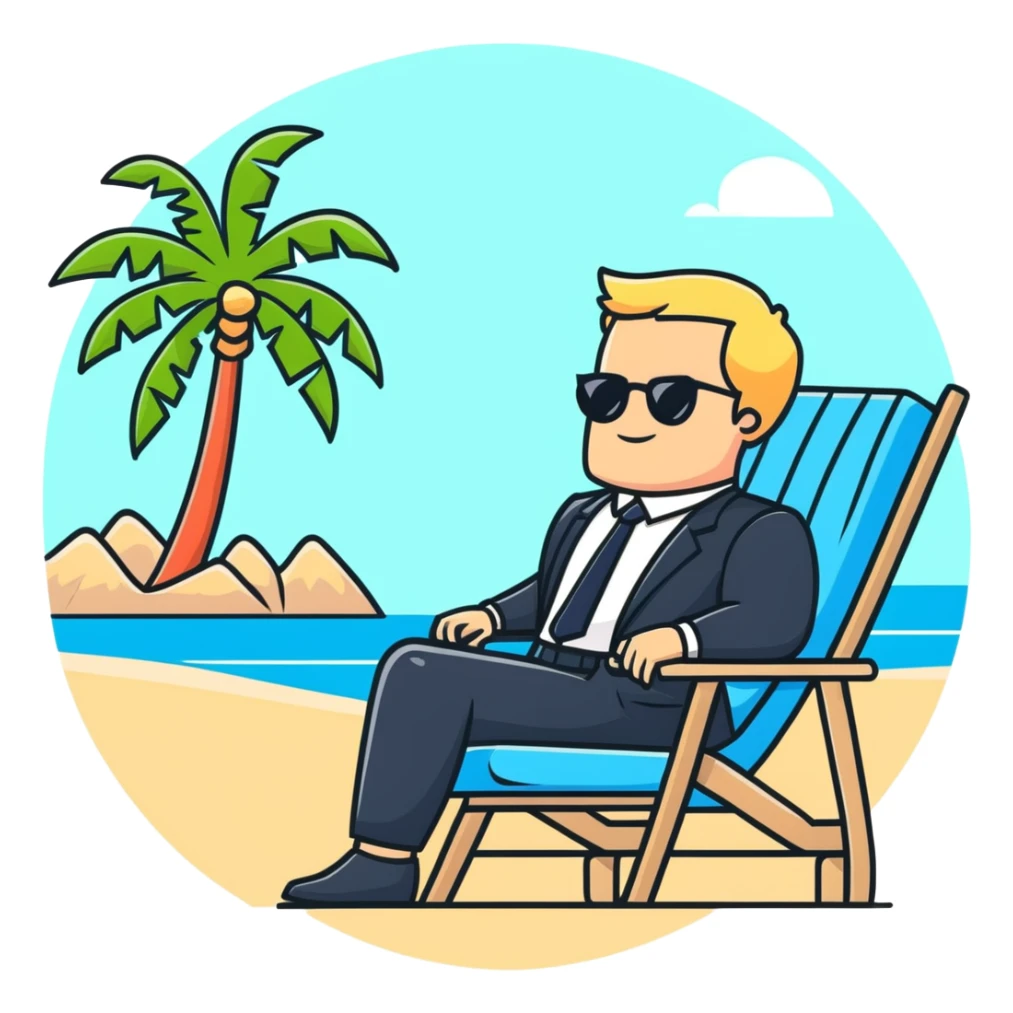 blonde man in business suit sitting on beach chair, vacation setting with palm trees sticker
