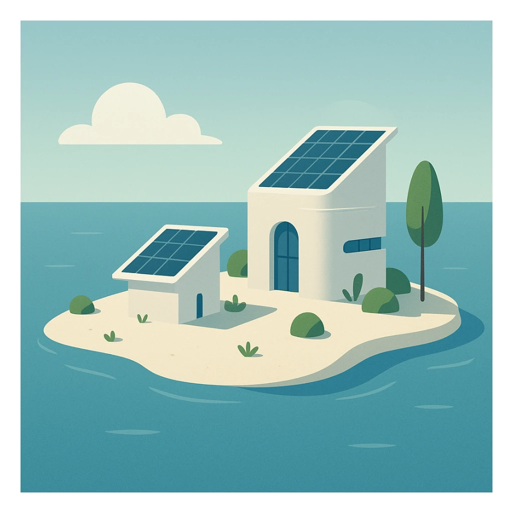 minimalist solarpunk island, small size, one or two advanced structures, solar roof, little vegetation, surrounded by blue ocean, peaceful vibe sticker