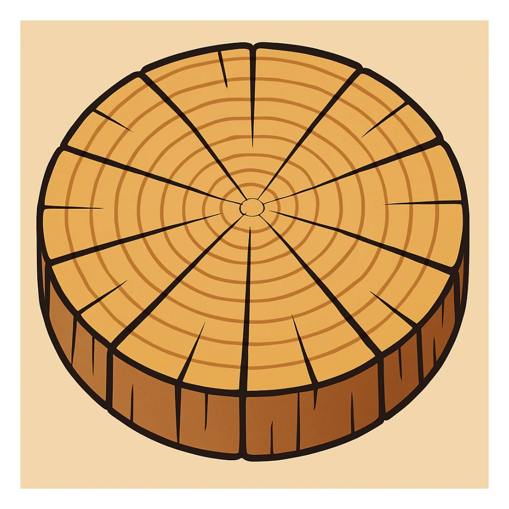 Create a top view of this tree stump in the same cartoon style as the fourth image, with the same wood pattern and color. Variant 2. sticker