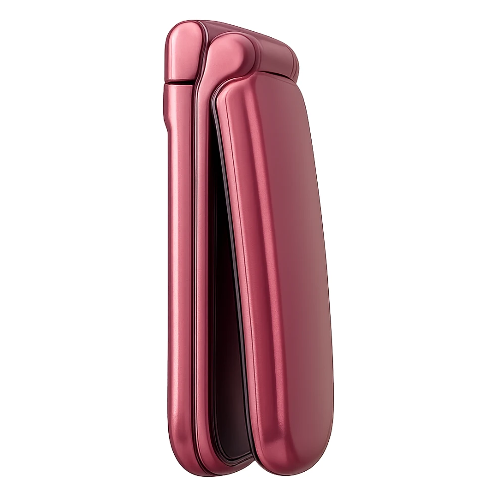 Make this vintage pink razor flip phone look more realistic in a photorealistic style, side profile, slim, metallic pink, no background. sticker
