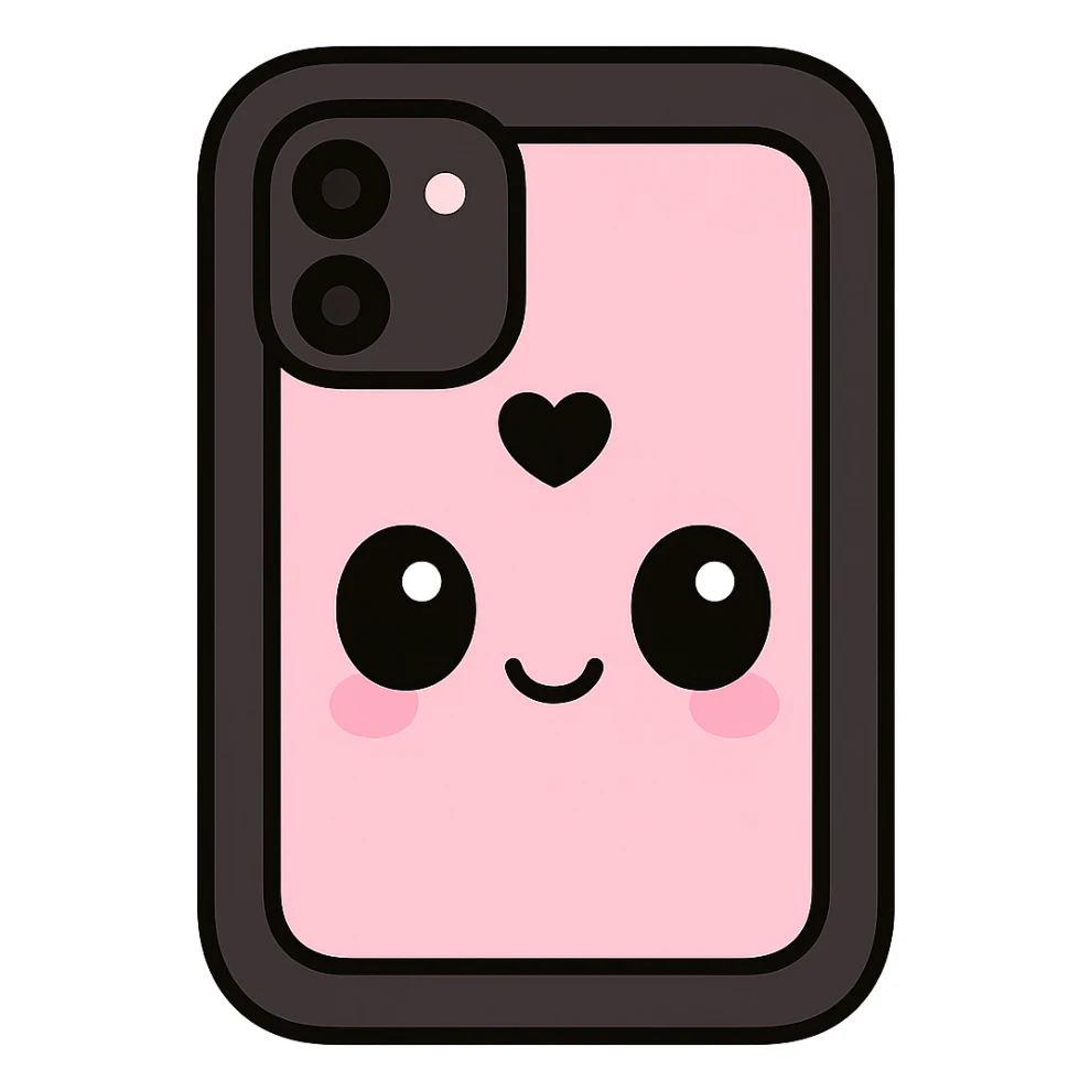 Remove any purse or purse-matching elements. Focus only on a pink and black gothic phone case in kawaii style with big eyes, smiling, cartoonish, playful. No purse references. No background. sticker