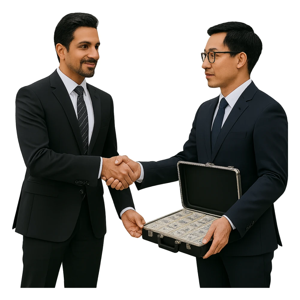 Remove the background so the scene is on a transparent background. The scene shows a light-skinned Indian man with a goatee handing a briefcase of money to a Chinese man, both shaking hands, with an AMG car in the background. sticker
