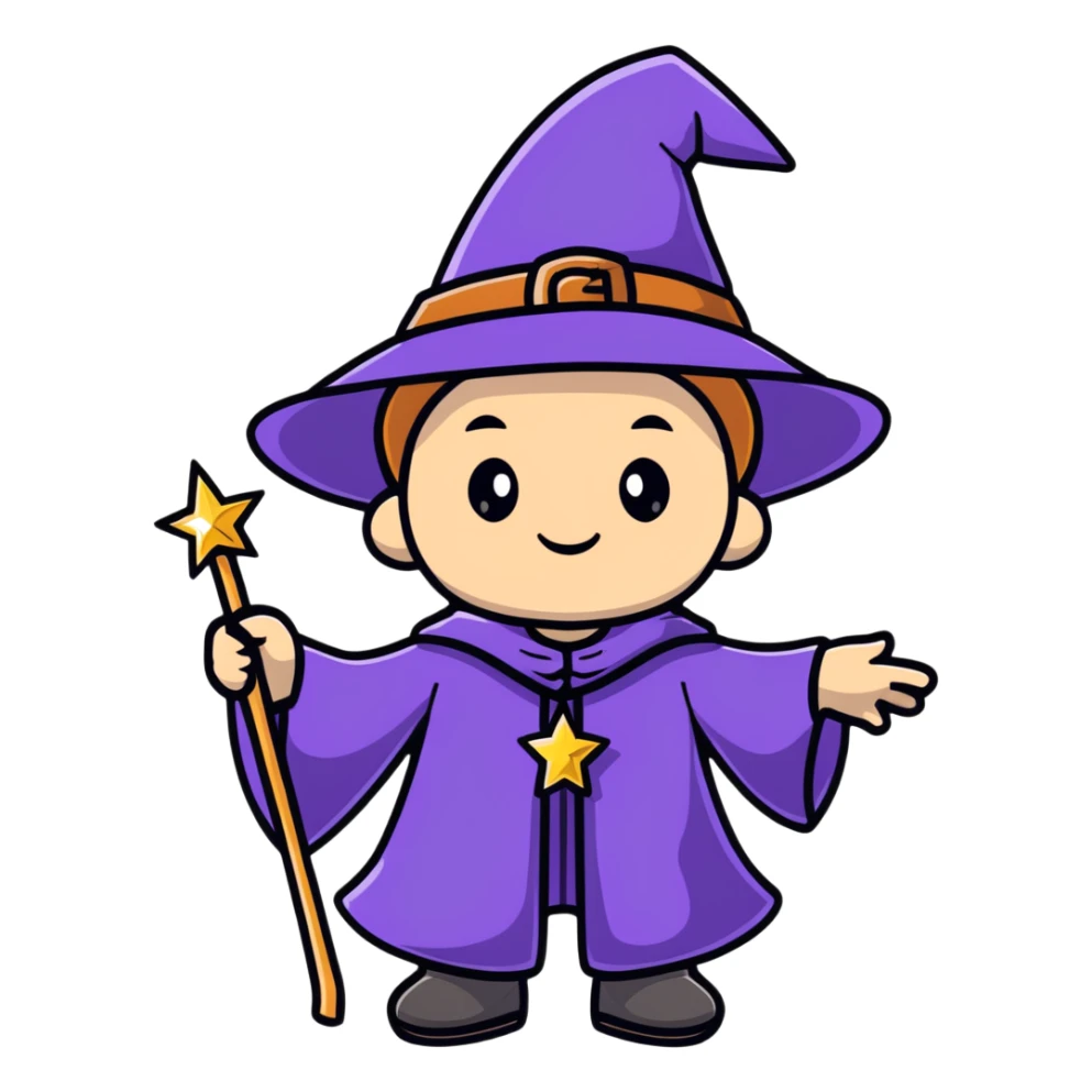 cartoon wizard kid with a big hat and sparkles sticker