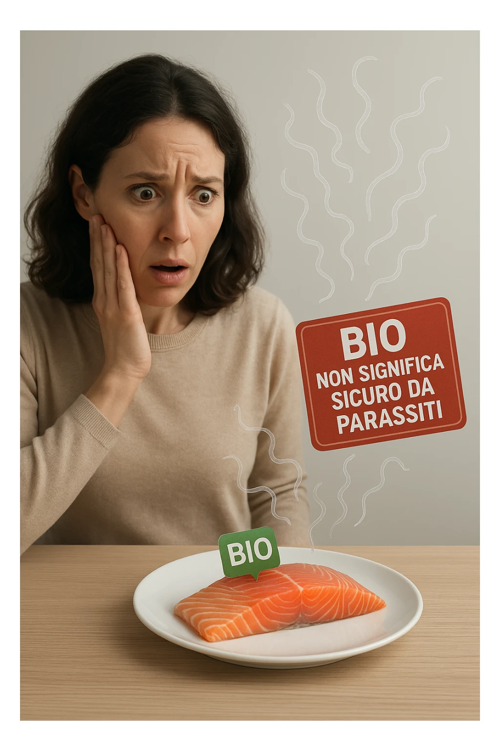 Donna tra i 30 e i 40 anni, seduta a tavola con espressione sorpresa e preoccupata mentre guarda un piatto elegante di salmone crudo etichettato 'BIO'. In trasparenza sopra il salmone si vedono parassiti intestinali stilizzati, come larve o vermi sottili, fluttuanti nell’aria. Accanto al piatto, una scritta fluttuante in stile etichetta rossa avverte: 'BIO non significa sicuro da parassiti'. Atmosfera visivamente pulita ma con tensione sottile, colori realistici con accento sul contrasto tra immagine 'salutare' e minaccia invisibile sticker