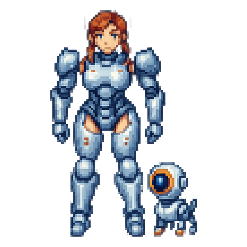 Add a small robotic pet next to the female robot fighter in pixel art style. sticker