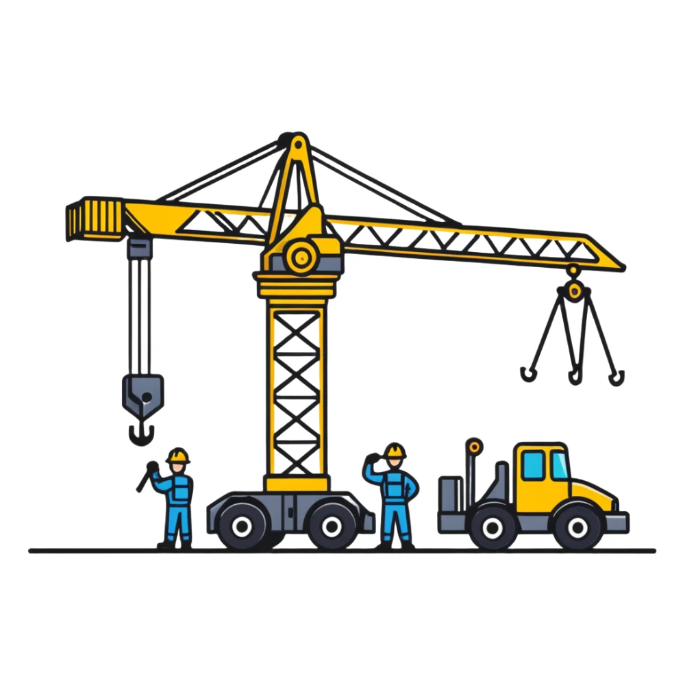 3 mechanics guys standing around a crane sticker