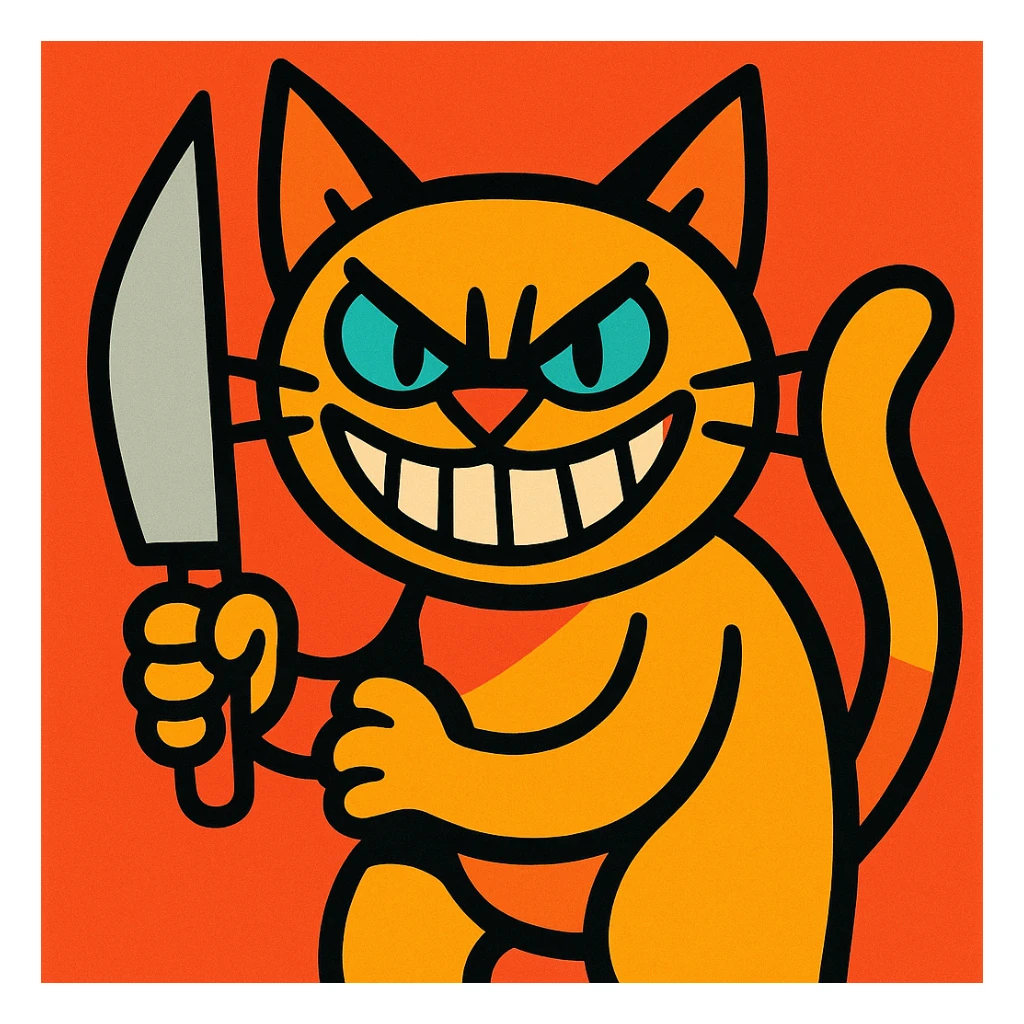 a grinning cat wielding a knife, looking menacing, playful art style, bold colorful illustration sticker