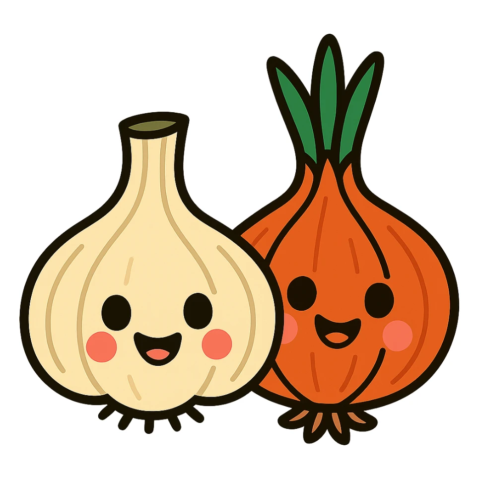 vibrant cartoon style garlic and onion with smiling faces sticker