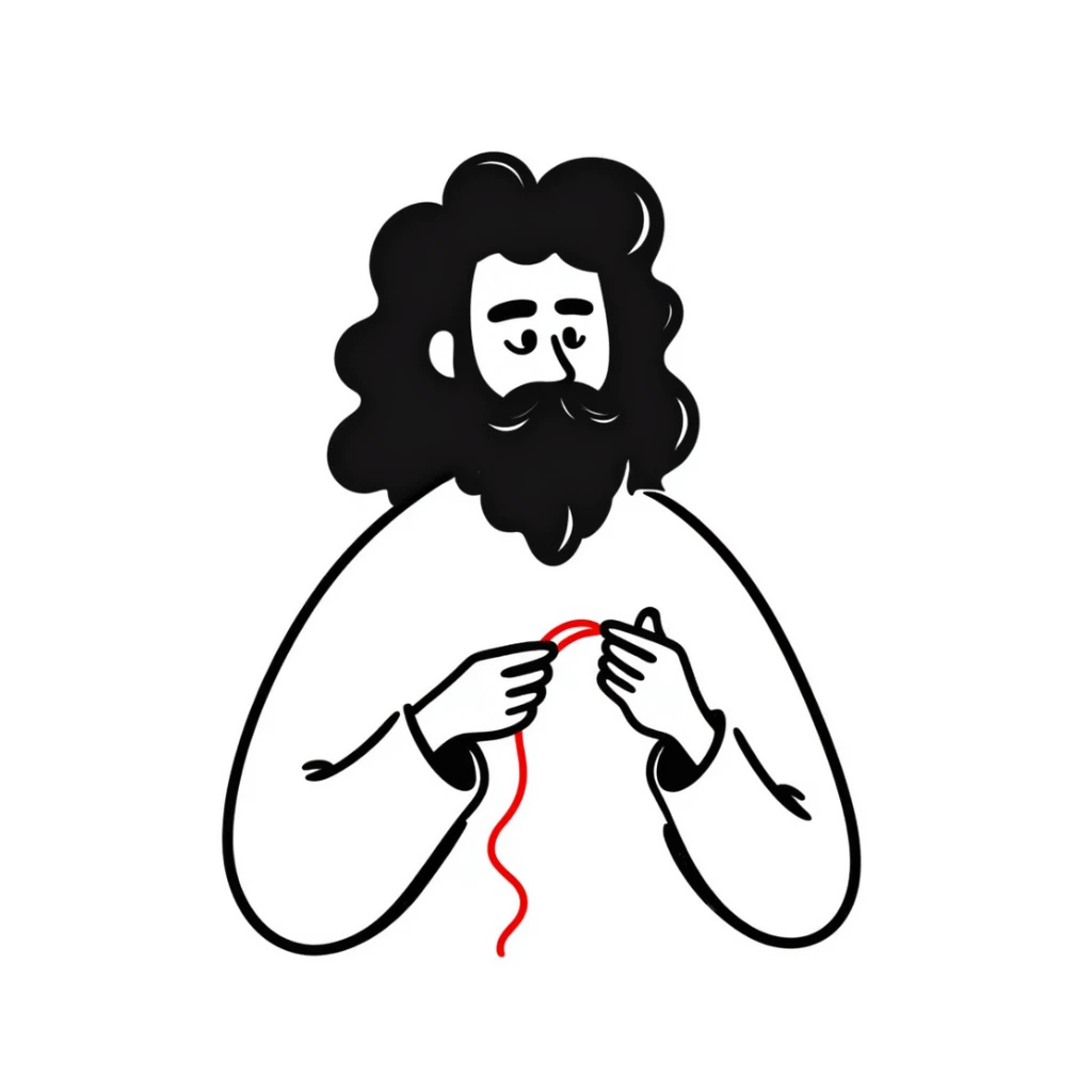 A man with a beard, long hair and a red thread in his hands sticker