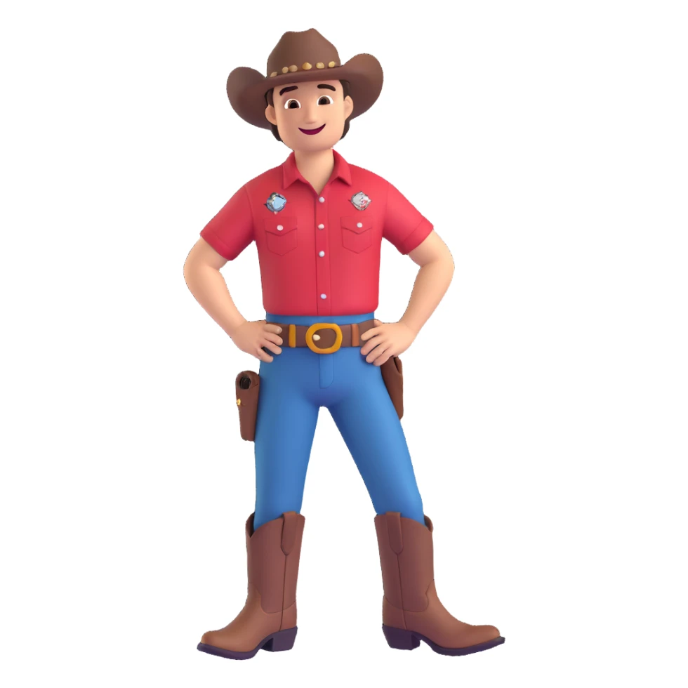 smiling cowboy in Jurassic Park shirt with visible logo, hands on hips, classic western boots sticker