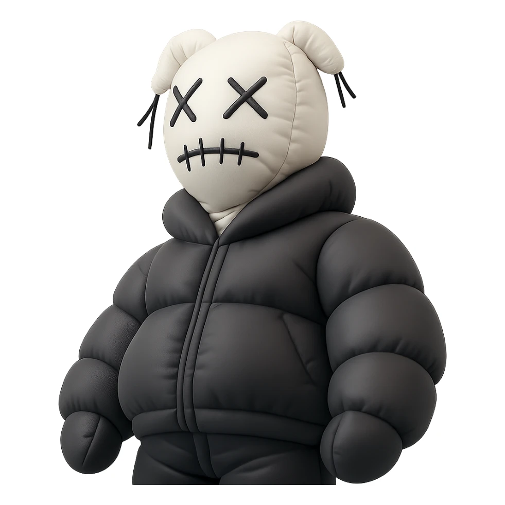 This image shows a person wearing a unique and artistic outfit. The perspective is shot from a low angle, making the figure appear imposing and dramatic. Here are the key elements:
	•	Headgear: The person is wearing a white knitted balaclava-style mask with black, irregular stitched designs and protruding black threads, giving it a surreal or avant-garde look.
	•	Clothing: The outfit appears to be a dark, possibly custom or streetwear-style jacket with visible seam or pattern details.
	•	Setting: The background is minimalistic, featuring clean white walls and sharp architectural lines, contributing to a modern and abstract aesthetic.
	•	Vibe: The overall feel is edgy, mysterious, and highly stylized—reminiscent of conceptual fashion photography or art-driven editorial shoots. sticker