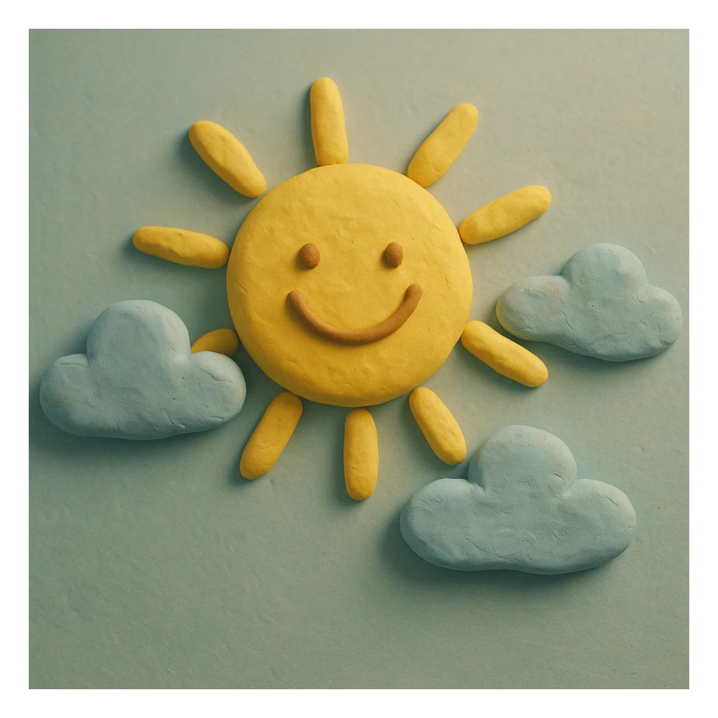 smiling sun with clouds, pastel colors, visible fingerprints, soft matte plasticine claymation style sticker