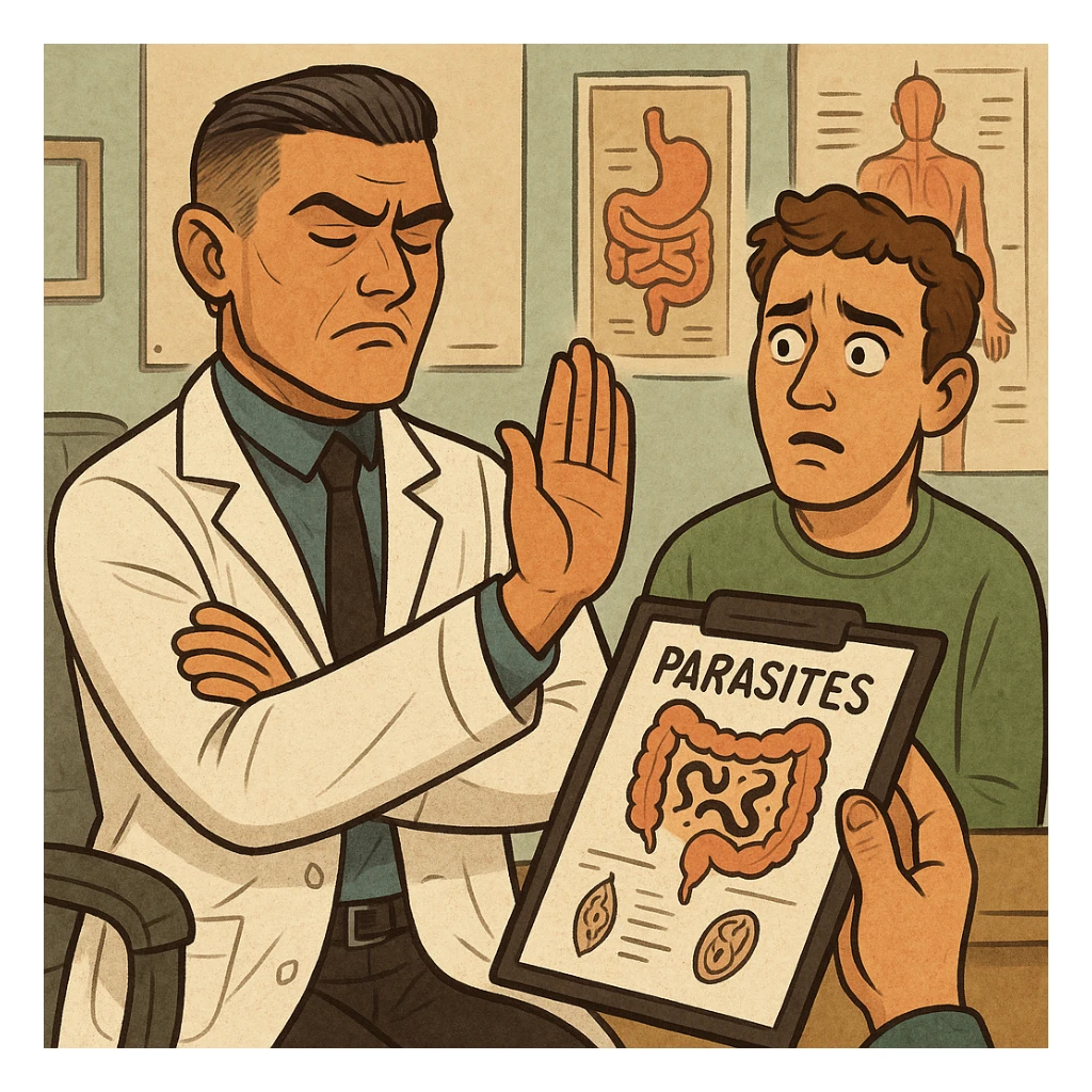 Create a semi-realistic or expressive style image of a male doctor inspired by the reference image. The doctor wears a white coat and is dismissively waving his hand or turning away from a medical report or patient chart showing intestinal parasites. He has a closed or indifferent expression symbolizing denial or negligence. Nearby, a patient looks confused or concerned. The setting is a clinical or doctor's office with diagnostic charts or anatomical posters visible. The tone is slightly critical or ironic, highlighting refusal to acknowledge hidden health issues. sticker