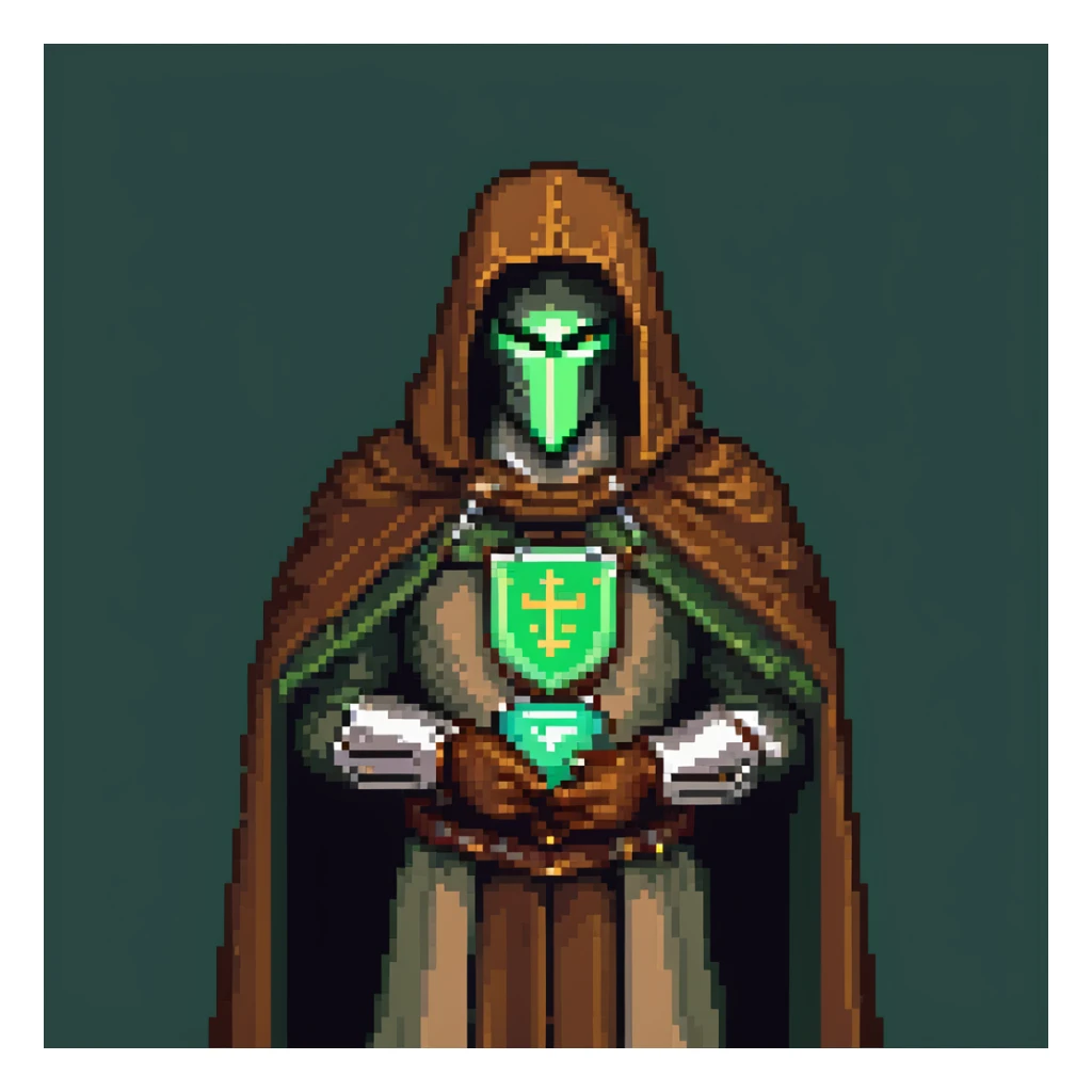 S'pht compiler from Marathon M1 (1994) wearing brown cloak and metal mantle pauldron, green light, retro polaroid screenshot, vintage game-inspired appearance, soft aged effect sticker