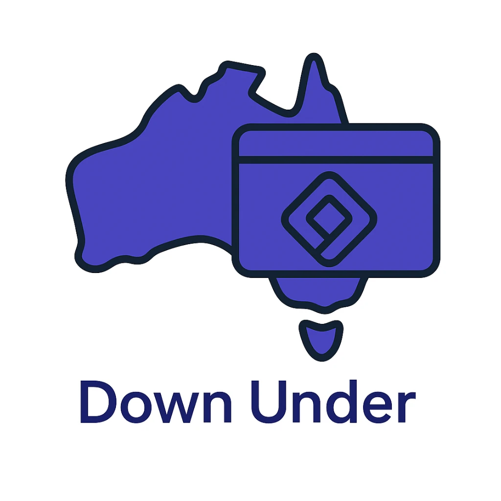 Add the wording 'Down Under' in a clean, modern font below the map of Australia with the official Microsoft Power Pages icon overlay. Use #403DAD as the main color, no digital web overlay sticker