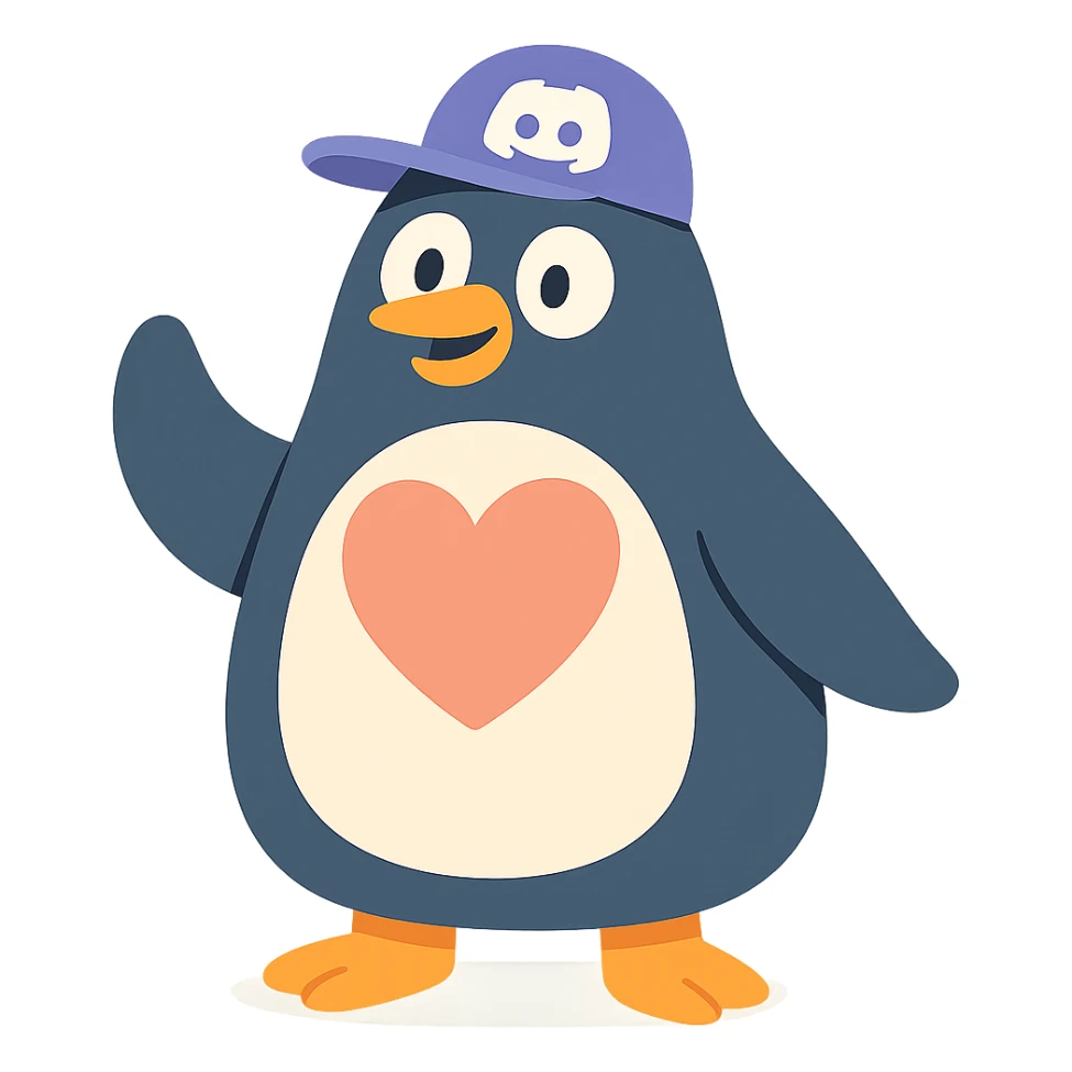 large penguin with a Discord hat and a large heart on chest sticker