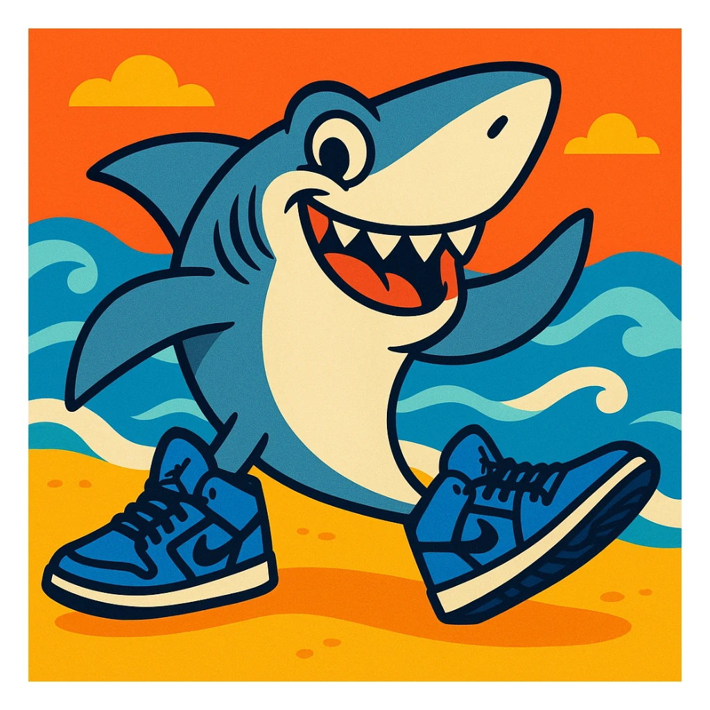 playful shark at the beach shore, each fin sporting a blue Jordan sneaker, with waves in the background, fun and lively style sticker