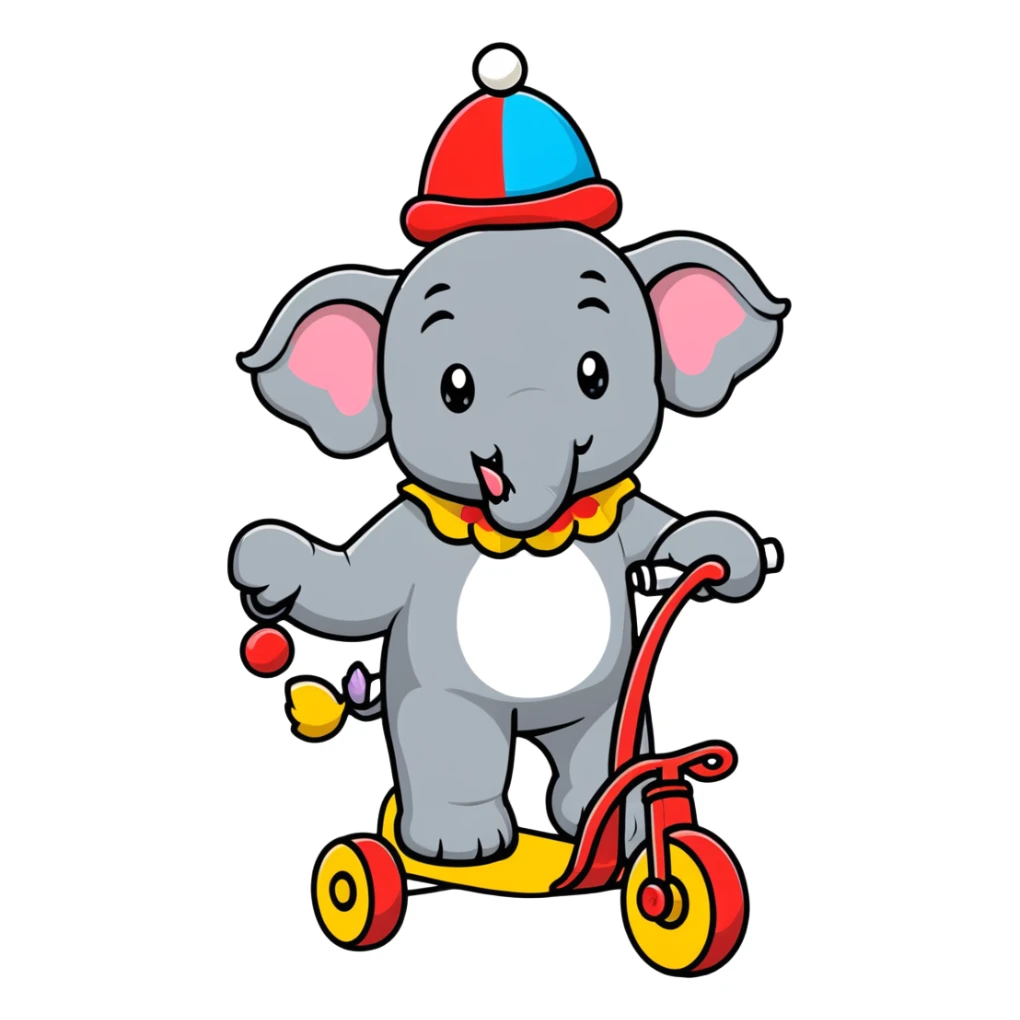 Comical gray elephant wearing a clown hat riding a small colorful tricycle sticker
